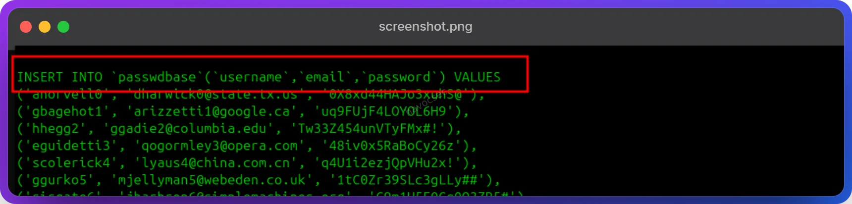 SQL entry showing username and plaintext password