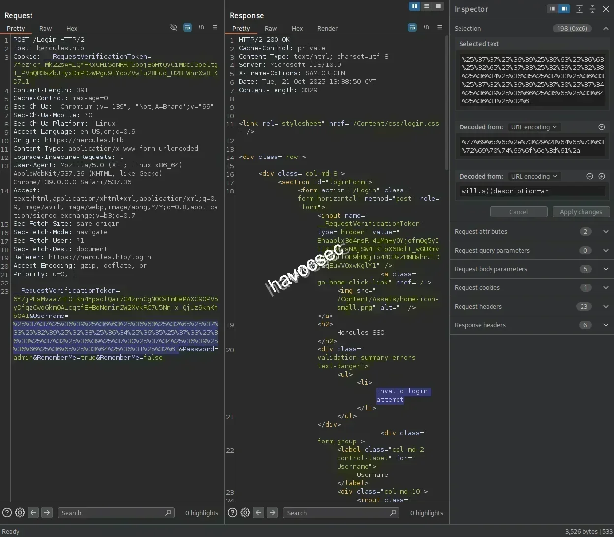 Hercules Website Login Burpsuite Invalid Password