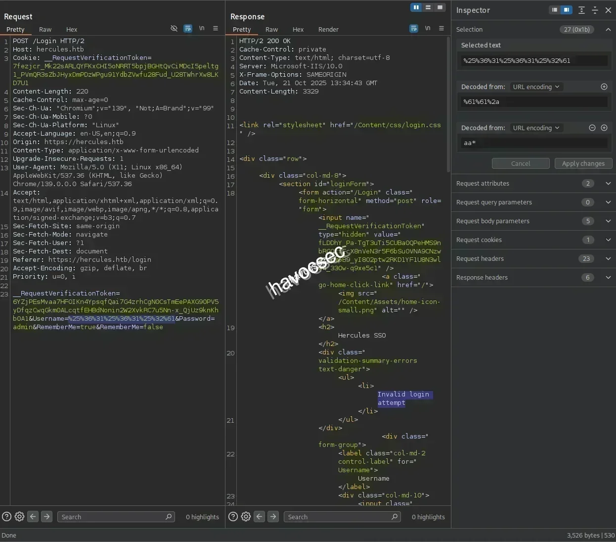 Hercules Website Login Burpsuite Invalid